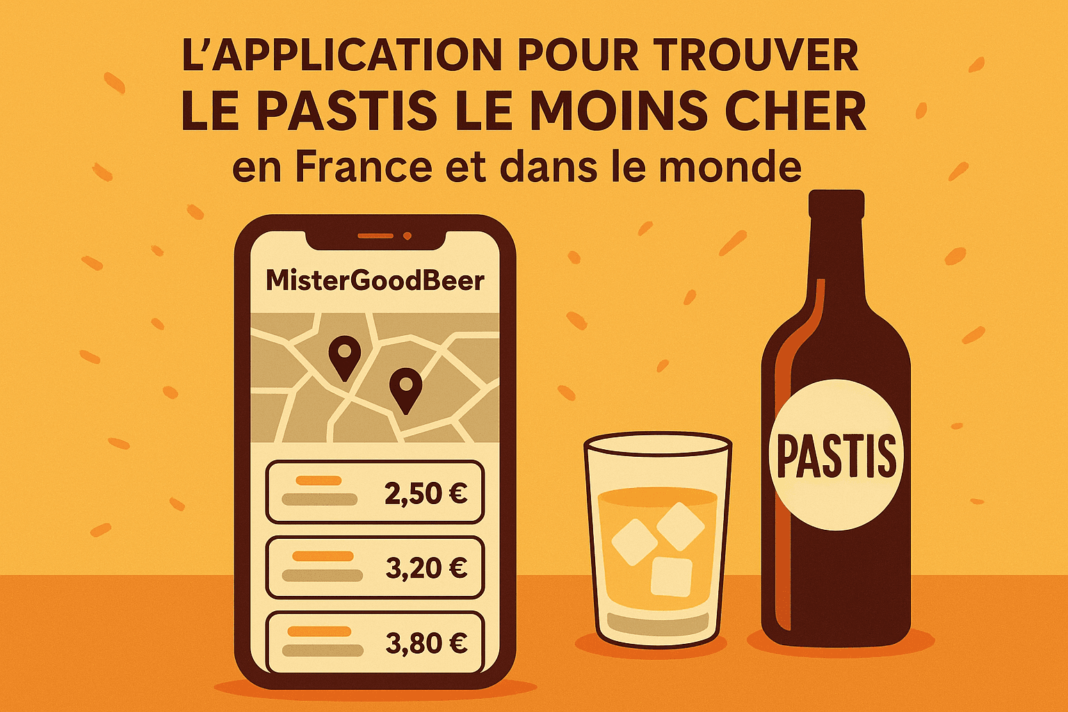 L’application qui permet de trouver le pastis le moins cher dans les bars grâce à des prix vérifiés et une communauté active. Ambiance apéro, pastis et carte des bars en fond.