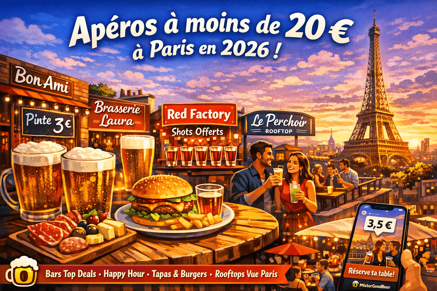 A vibrant sunset illustration of a Parisian aperitif scene with the Eiffel Tower in the background. Fresh pints, a burger with fries, a charcuterie board, rooftop drinks, and lively terraces capture the spirit of affordable nightlife in Paris. The visual highlights the best happy hour spots under €20 in 2026, featuring great drink deals, shared plates, and easy table reservations through MisterGoodBeer. A warm, festive, and budget-friendly atmosphere perfect for a guide about cheap aperitifs in Paris