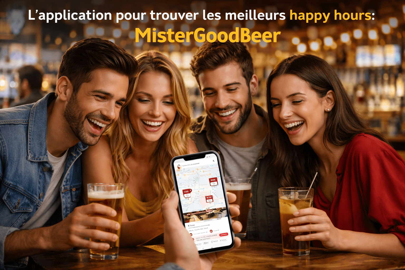 Des amis consultent l’application MisterGoodBeer dans un bar pour trouver un happy hour à proximité.
L’application affiche une carte des bars, les prix des boissons et les happy hours disponibles, permettant de réserver facilement un bar en happy hour.