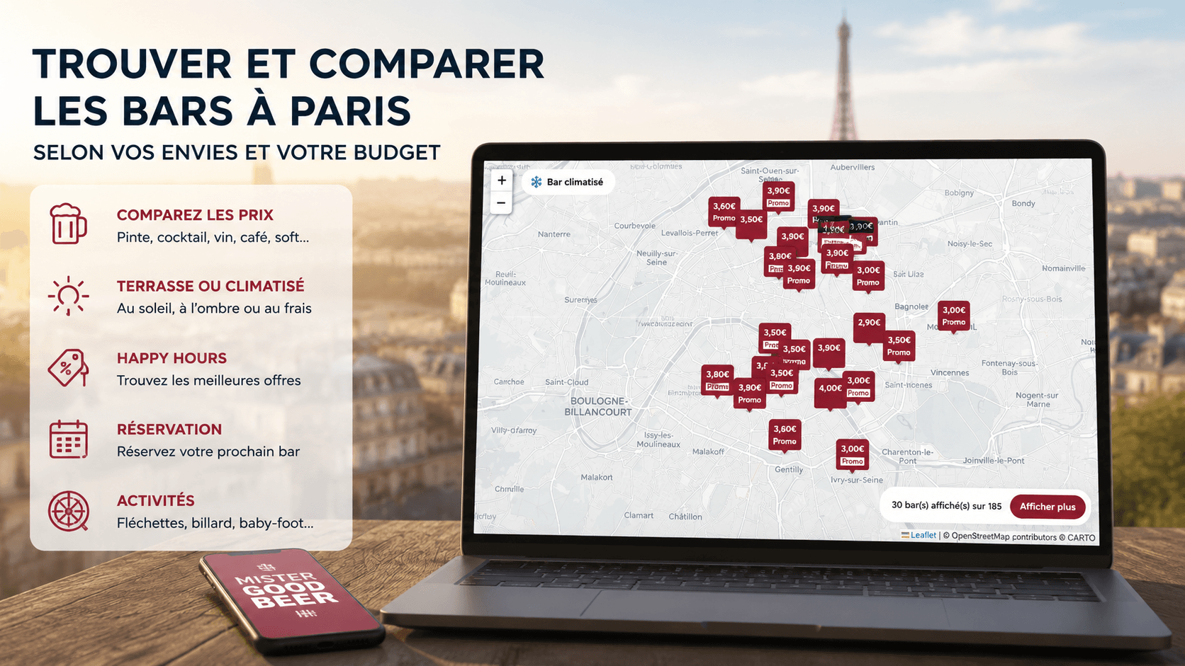 Carte des bars à Paris sur MisterGoodBeer permettant de comparer les prix, Happy Hours, terrasses, bars climatisés, réservations et activités.